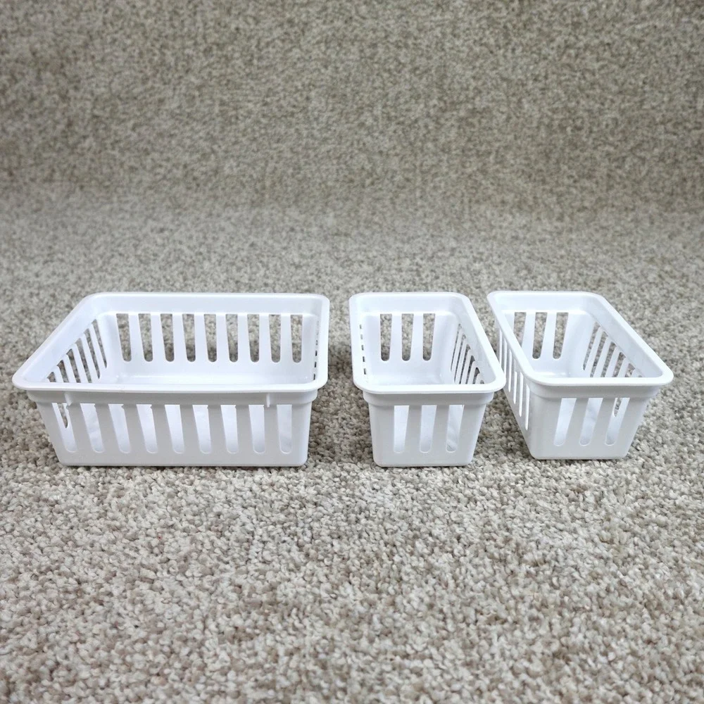 White Plastic Slotted Storage Baskets Set of 3 Drawer Organizers Bins